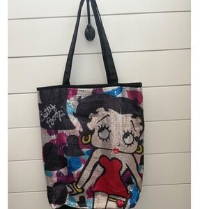 Betty Boop Sequin Tote Bag‎ Shopper Purse Black Hearts Cartoon Graphic